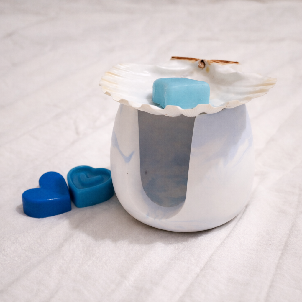 Brûle-parfum en céramique – Tons bleue, coquille Saint-Jacques véritable