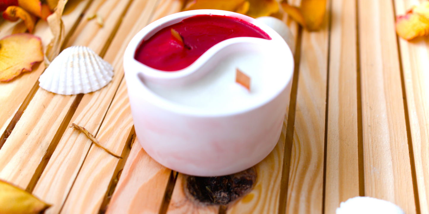 Bougie yin-yang artisanale – Cire végétale et mèches en bois